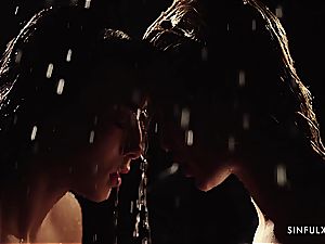 classy babes sharing a penis in a quite wet environment